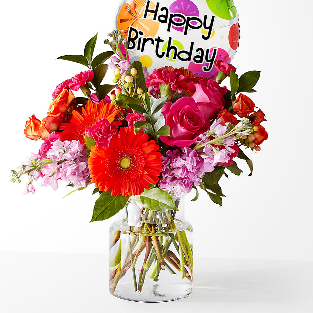 Fiesta Bouquet with Birthday Balloon – Davinci Flower Shop Ltd, Scarborough ON