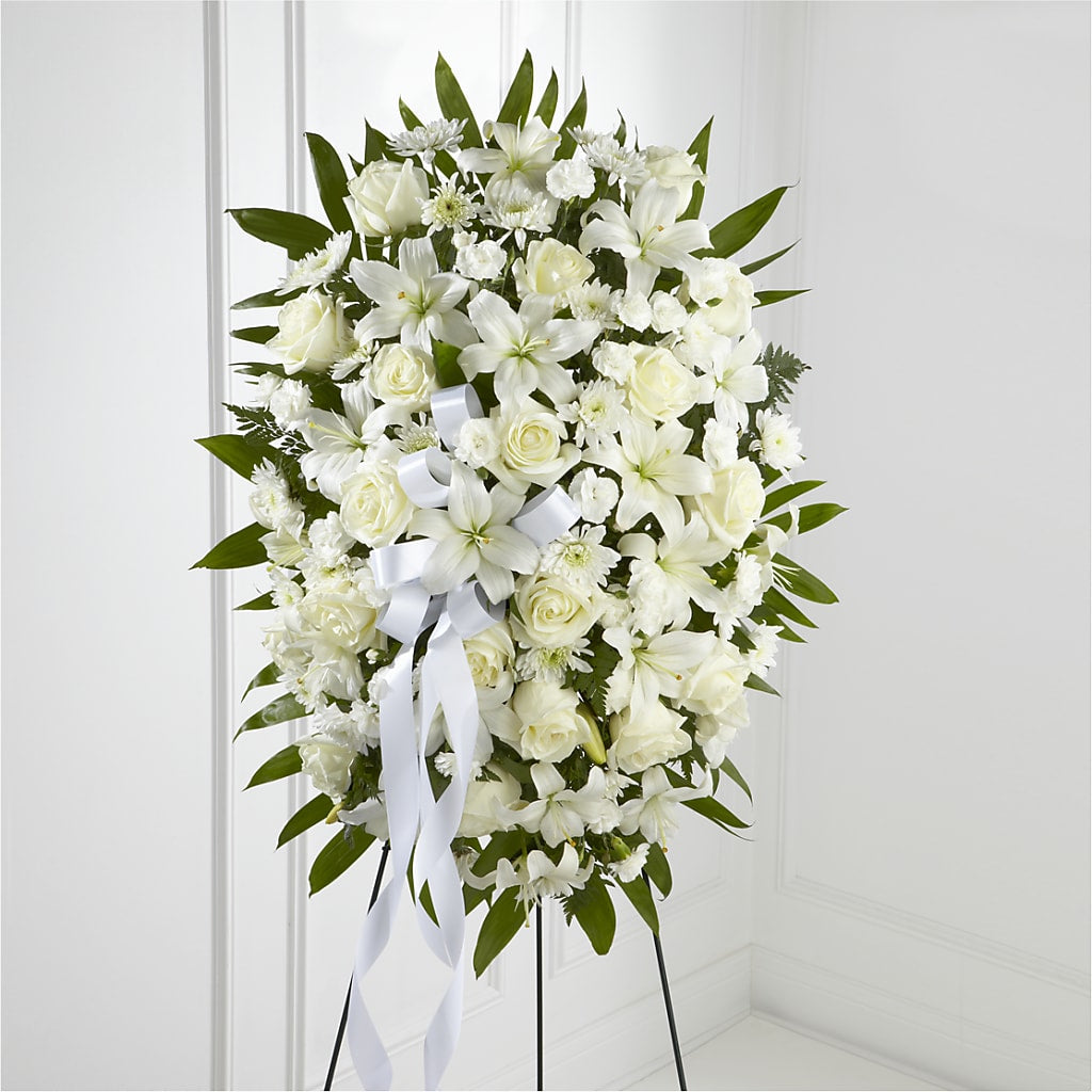 Exquisite Tribute Standing Spray-White Ribbon – Davinci Flower Shop Ltd, Scarborough ON