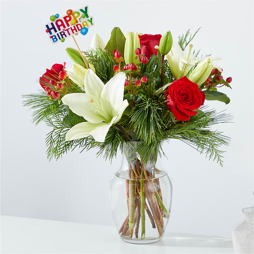 Bouquet Evergreen Delight et décoration « Joyeux anniversaire »