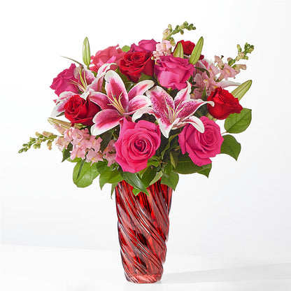 Always You Bouquet with Red Swirl Vase